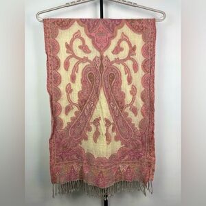 Mala Alisha Pink Cream Paisley Batik Print 100% Pure Wool Scarf with Gray Fringe